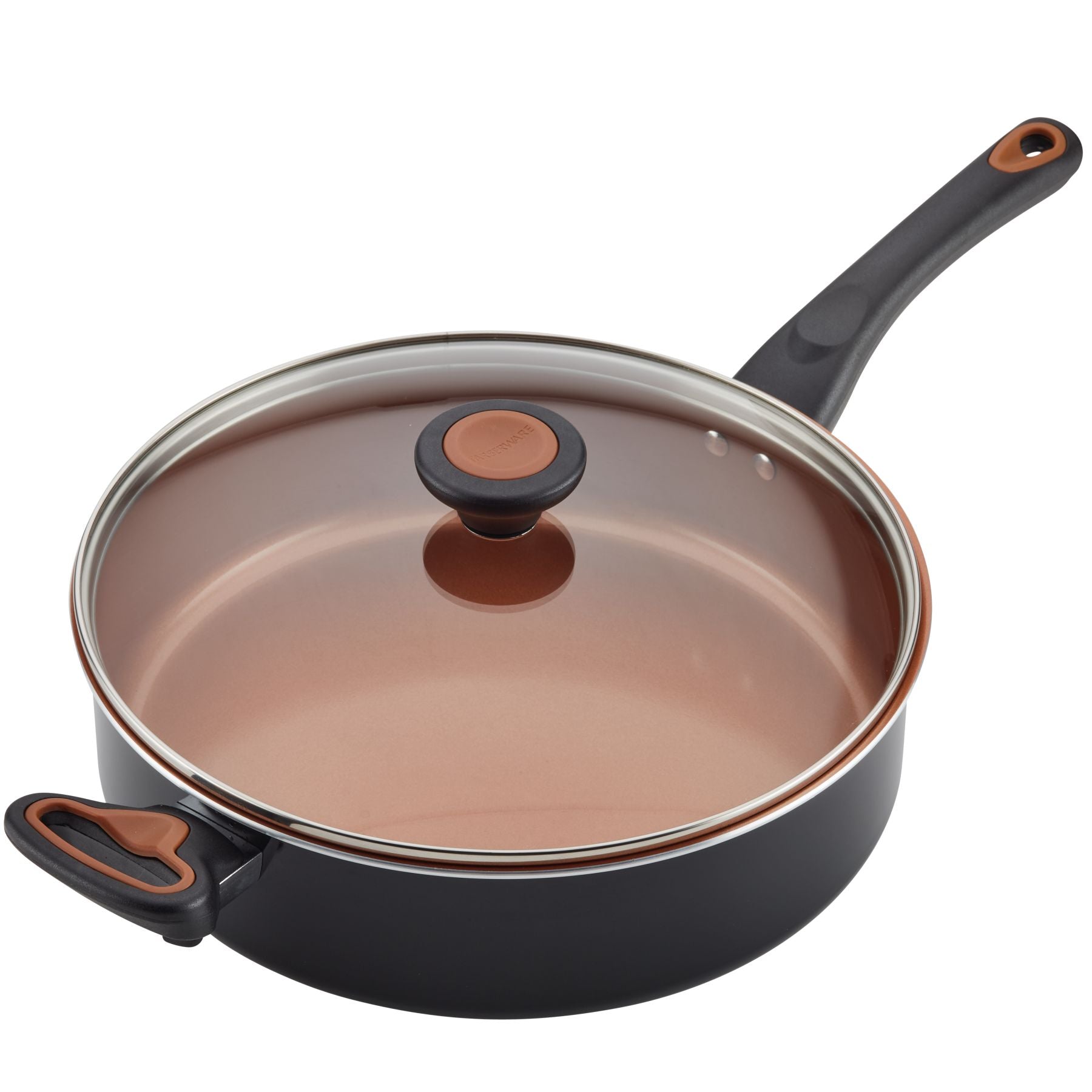 4-Quart Copper Ceramic Nonstick Saute Pan, featuring CopperSlide technology, a glass lid, and a black handle.
