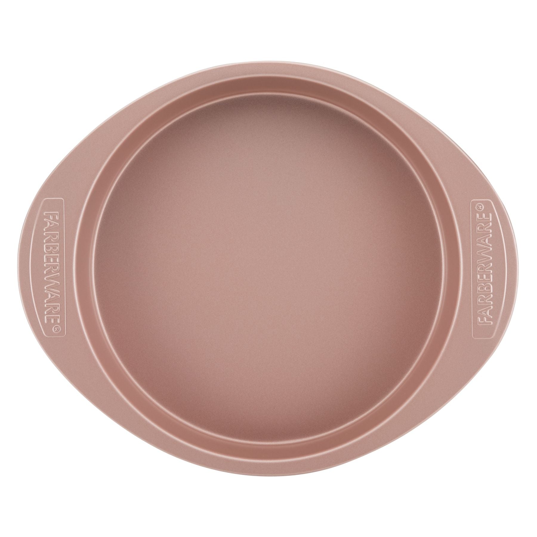 The 9-Inch Round Cake Pan in rose gold features side handles and embossed "Farberware" text, designed for easy cleanup and durability.