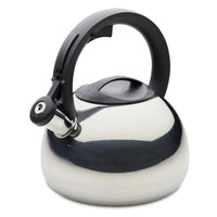 The 2.3-Quart Stainless Steel Tea Kettle, featuring a black handle and spout against a white background, brings an elegant touch to your kitchen decor.
