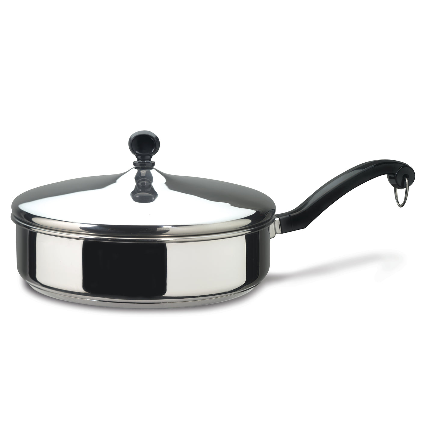 Introducing the Classic Series Stainless Steel 2.75-Quart Saute Pan, featuring a lid and a long black handle, ideal for those who enjoy effortless sautéing. This dishwasher-safe treasure provides both convenience and elegance in your kitchen.