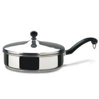 Introducing the Classic Series Stainless Steel 2.75-Quart Saute Pan, featuring a lid and a long black handle, ideal for those who enjoy effortless sautéing. This dishwasher-safe treasure provides both convenience and elegance in your kitchen.
