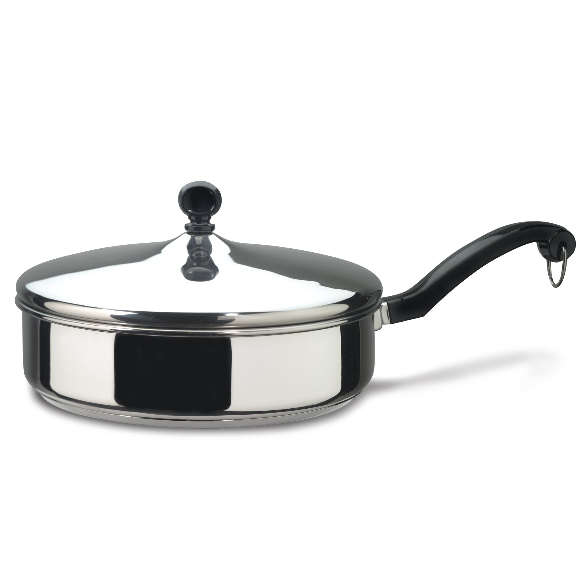 Introducing the Classic Series Stainless Steel 2.75-Quart Saute Pan, featuring a lid and a long black handle, ideal for those who enjoy effortless sautéing. This dishwasher-safe treasure provides both convenience and elegance in your kitchen.
