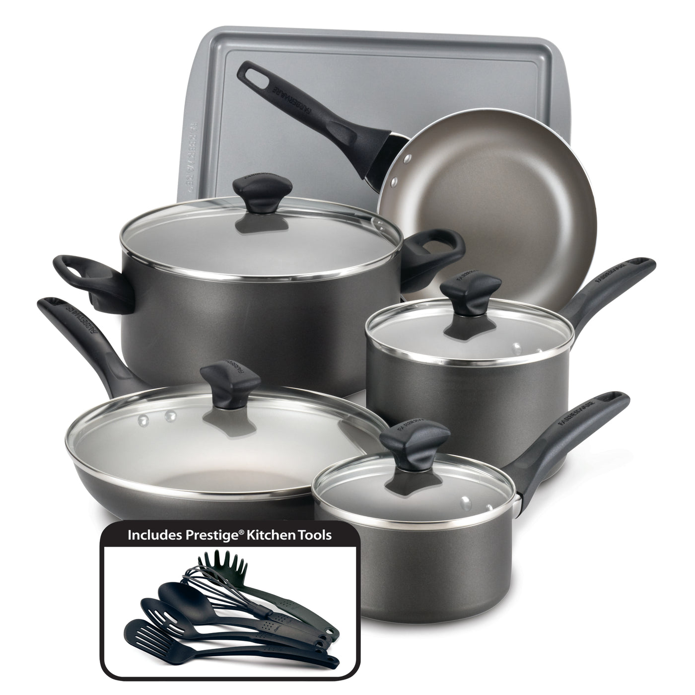 This 15-piece nonstick cookware set includes pots, pans, lids, and essential kitchen tools.