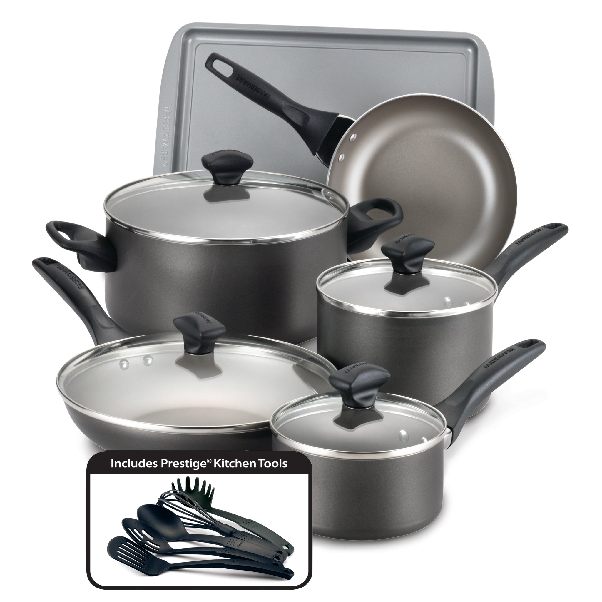This 15-piece nonstick cookware set includes pots, pans, lids, and essential kitchen tools.