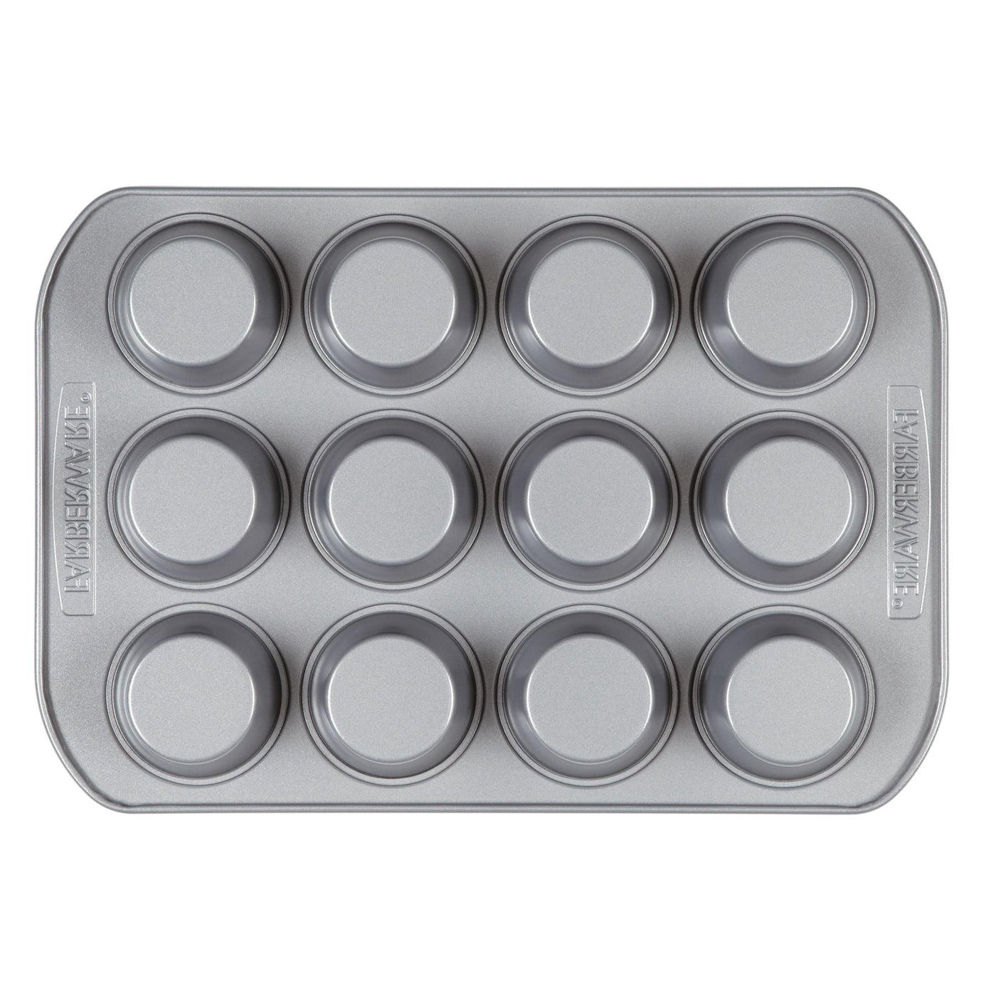 A top-down perspective of the Muffin Pan, featuring a silver nonstick design capable of accommodating 12 cups, ideal for baking delicious blueberry muffins or chocolate chip cupcakes.