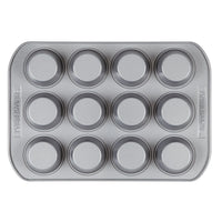 A top-down perspective of the Muffin Pan, featuring a silver nonstick design capable of accommodating 12 cups, ideal for baking delicious blueberry muffins or chocolate chip cupcakes.