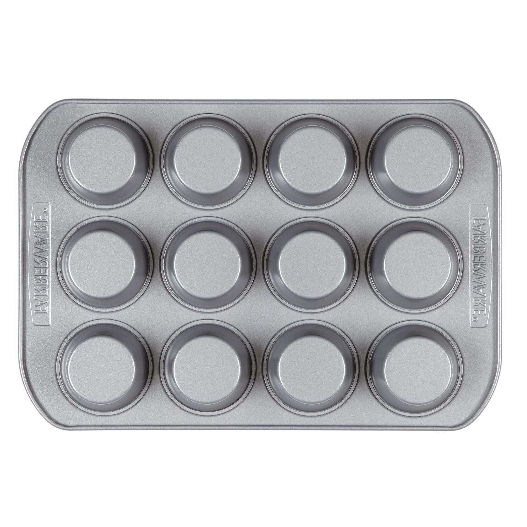 A top-down perspective of the Muffin Pan, featuring a silver nonstick design capable of accommodating 12 cups, ideal for baking delicious blueberry muffins or chocolate chip cupcakes.