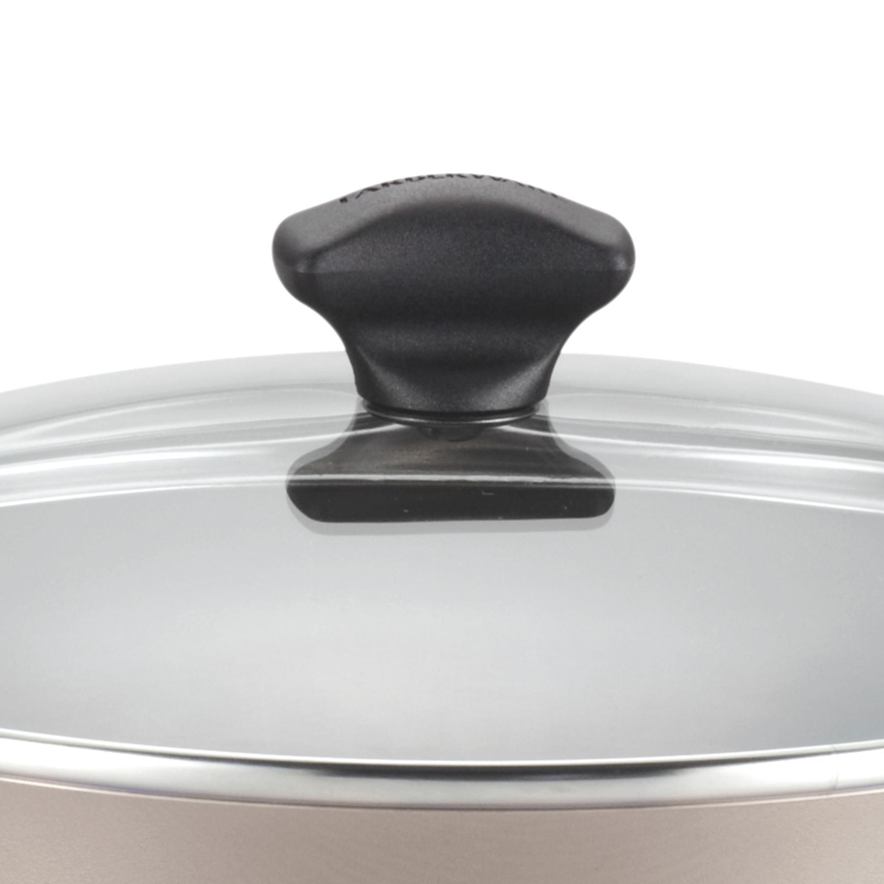 Close-up of a pot lid handle on a transparent glass lid, ideal for the 6-Quart Nonstick Jumbo Cooker.