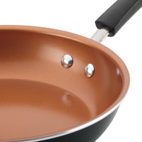 Close-up of the 12.5-Inch Nonstick Frying Pan, highlighting its copper interior and durable black handle, with aluminum construction that ensures even heat distribution, making it ideal for one-pan recipes.