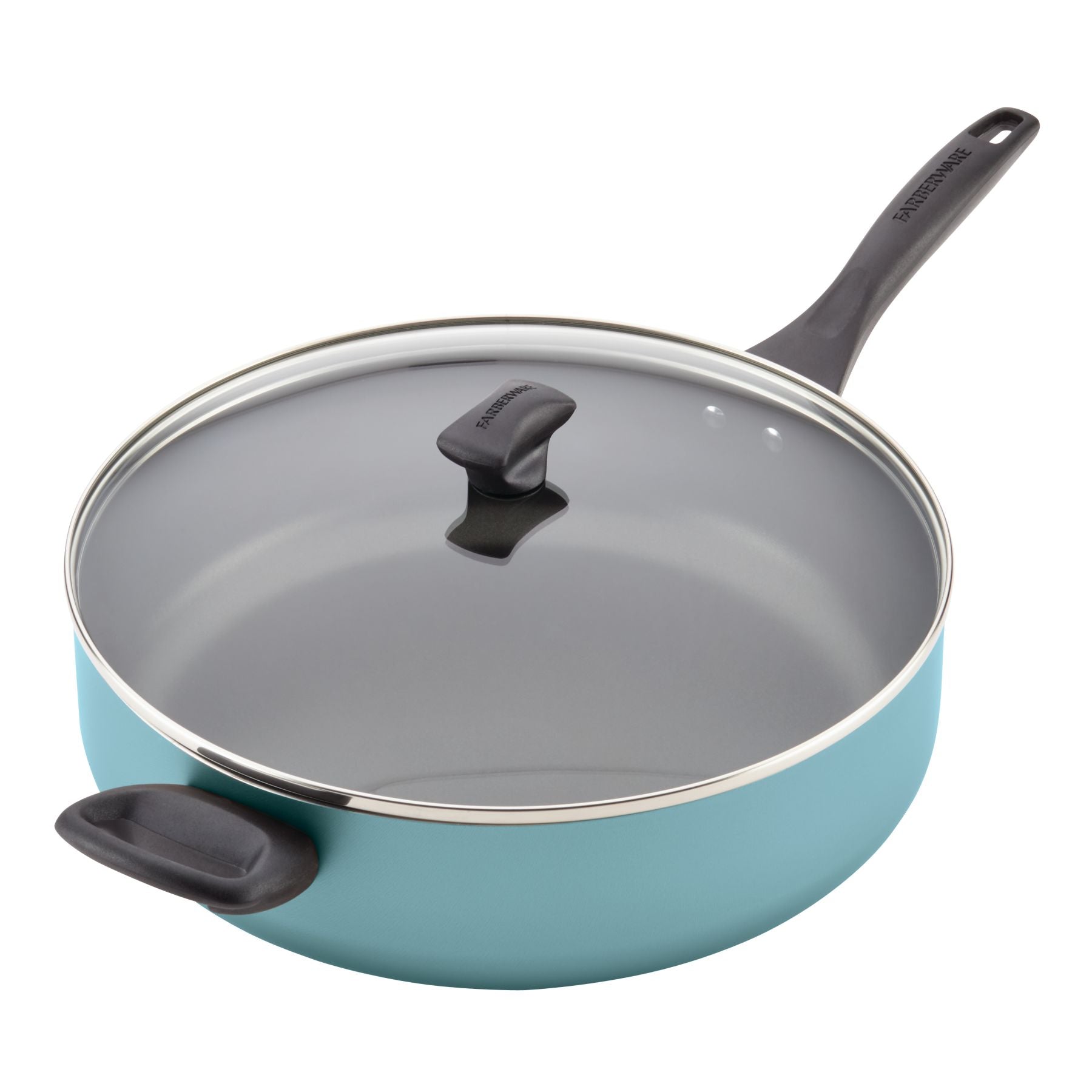 The 6-Quart Nonstick Jumbo Cooker comes in a vibrant turquoise color and features a glass lid with two black handles, making it ideal for preparing party-sized dishes. Additionally, it's dishwasher safe for hassle-free cleaning!
