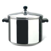 The Classic Series Stainless Steel Stockpot with Lid is equipped with durable stainless steel, two handles on the sides, and is designed for long-lasting performance.