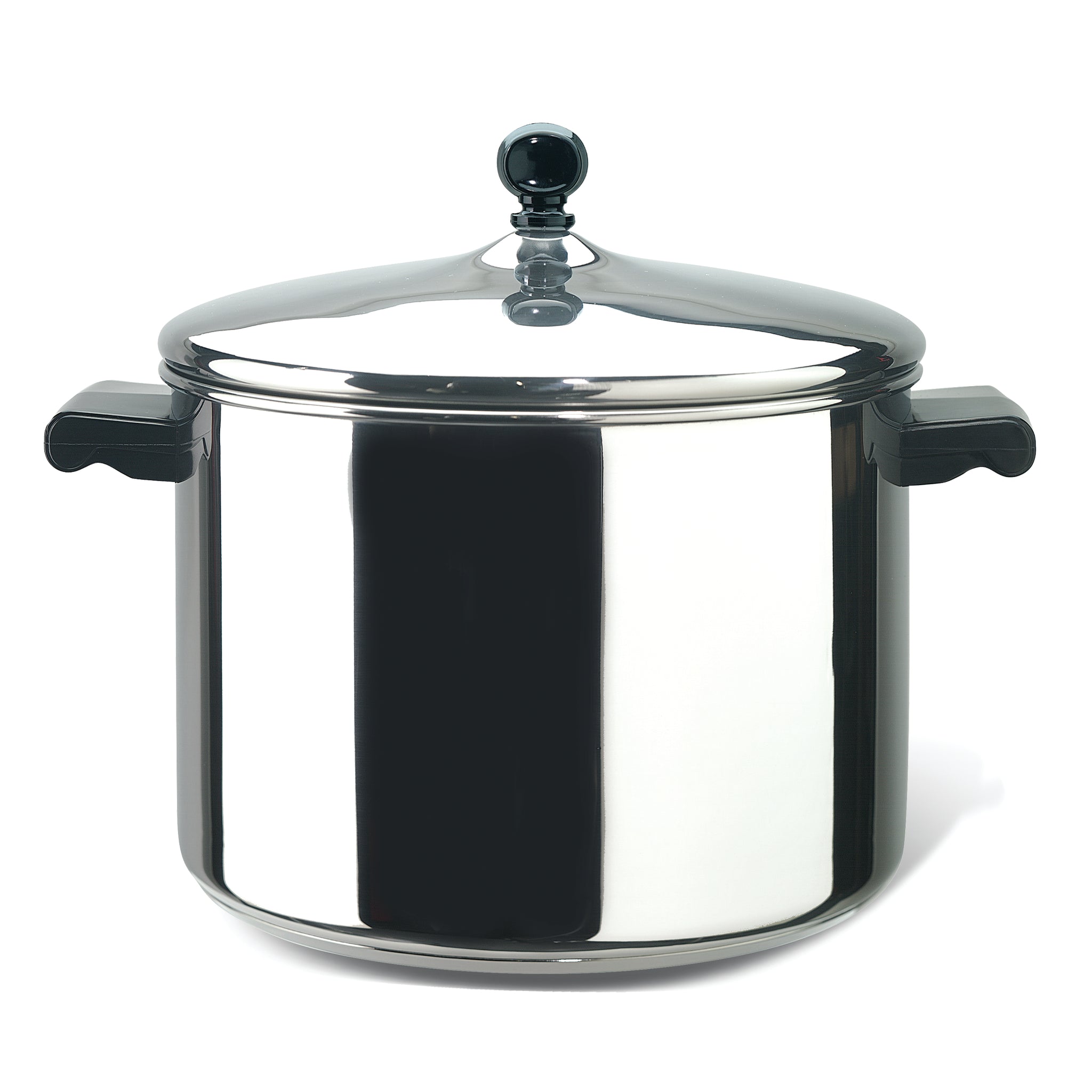 The Classic Series Stainless Steel Stockpot with Lid is equipped with durable stainless steel, two handles on the sides, and is designed for long-lasting performance.