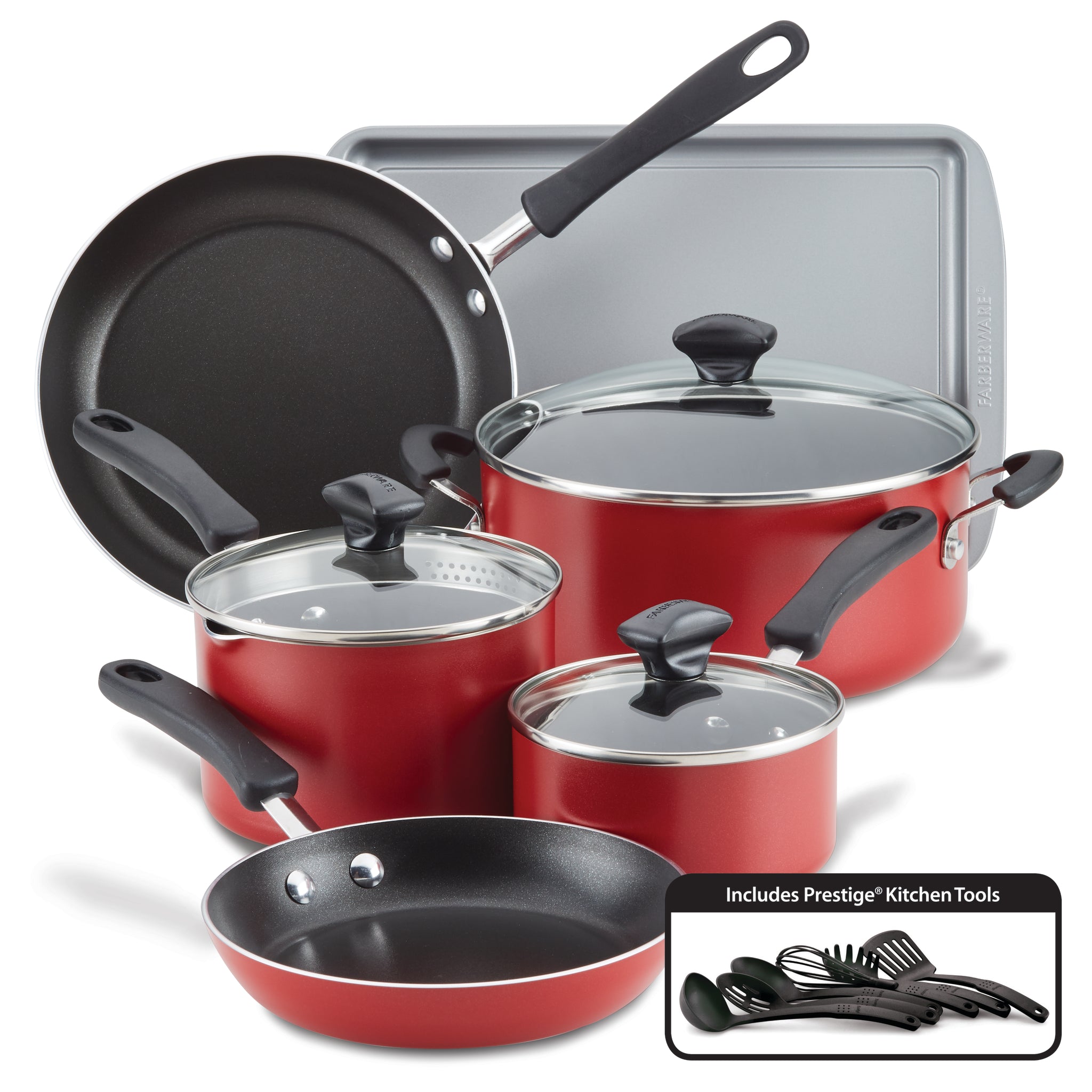 Discover the vibrant red 15-Piece Nonstick Cookware Set, crafted from heavy gauge aluminum with DiamondMax technology for enhanced durability. This collection includes pans, pots, lids, and essential kitchen utensils, making it the perfect addition to any culinary enthusiast's kitchen.