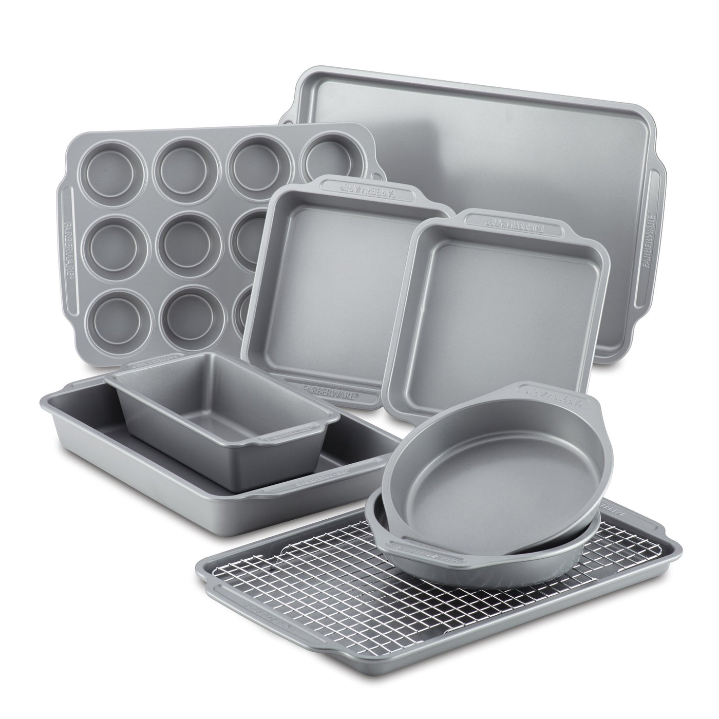 The 10-Piece Nonstick Bakeware Set, featuring assorted gray baking pans and trays with a nonstick coating for effortless food release, is neatly arranged on a white background.