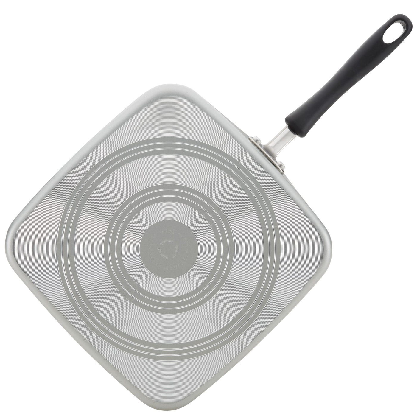 11-Inch Nonstick Square Griddle with DiamondMax nonstick coating and concentric circles on the bottom, featuring a sleek black handle for easy food release.