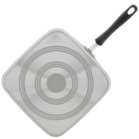 11-Inch Nonstick Square Griddle with DiamondMax nonstick coating and concentric circles on the bottom, featuring a sleek black handle for easy food release.