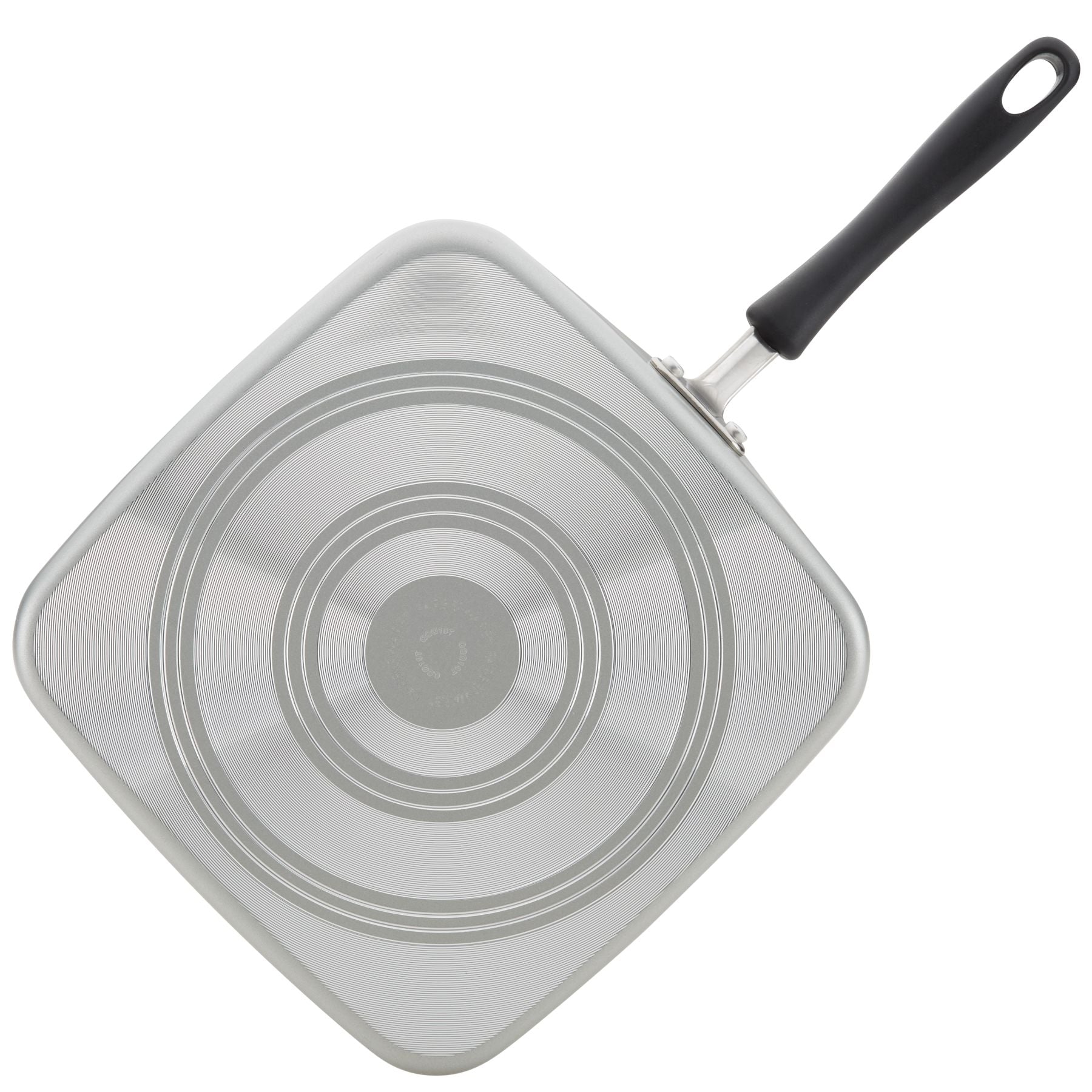 11-Inch Nonstick Square Griddle with DiamondMax nonstick coating and concentric circles on the bottom, featuring a sleek black handle for easy food release.