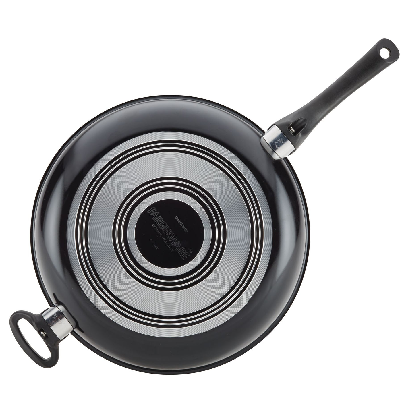 The 12.5-Inch Copper Ceramic Nonstick Deep Frying Pan showcases a black handle and a sleek silver bottom, featuring advanced technology as seen from above.