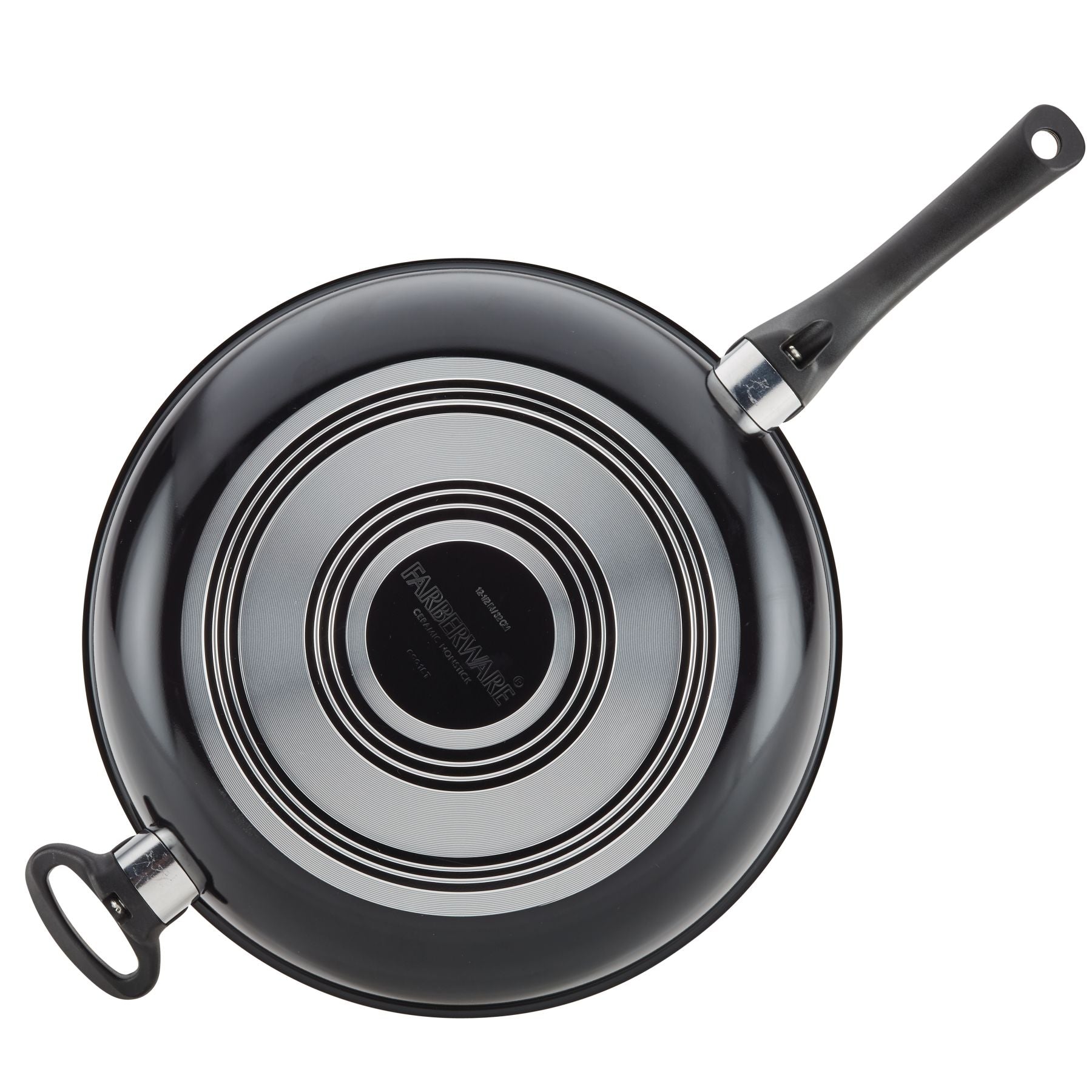 The 12.5-Inch Copper Ceramic Nonstick Deep Frying Pan showcases a black handle and a sleek silver bottom, featuring advanced technology as seen from above.