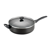 The 6-Quart Nonstick Jumbo Cooker boasts a stylish black frying pan paired with a glass lid and two durable black handles, making it ideal for cooking party-sized meals. Additionally, its dishwasher-safe design ensures easy cleanup.