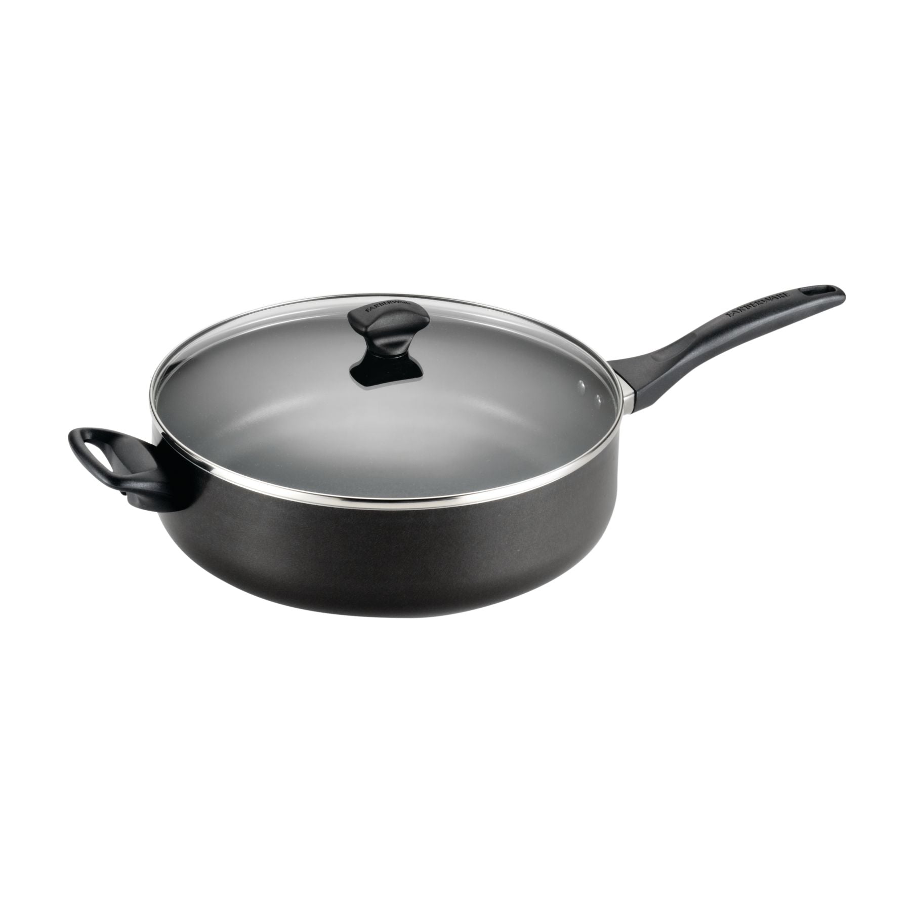 The 6-Quart Nonstick Jumbo Cooker boasts a stylish black frying pan paired with a glass lid and two durable black handles, making it ideal for cooking party-sized meals. Additionally, its dishwasher-safe design ensures easy cleanup.