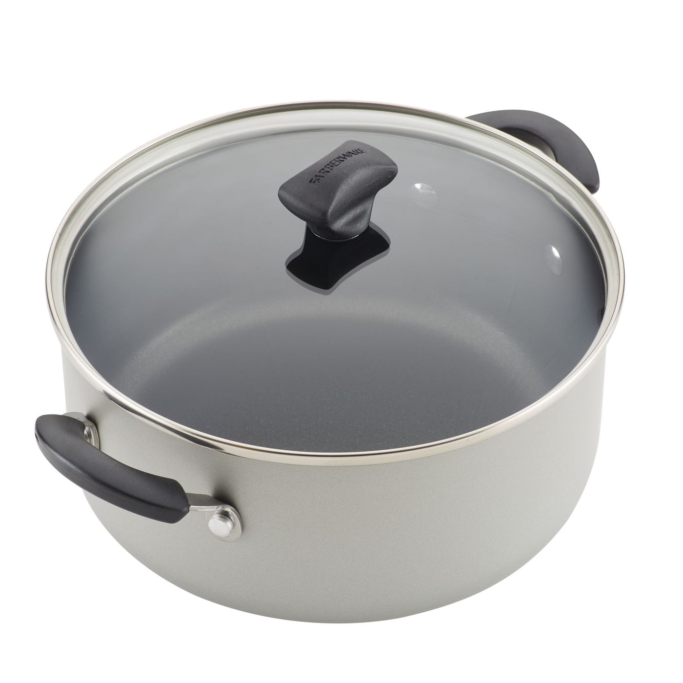 This silver pot from the 15-Piece Nonstick Cookware Set is crafted from heavy gauge aluminum and comes with a transparent glass lid and sleek black handles. Its durable design ensures even heat distribution, making it a reliable addition to your kitchen.