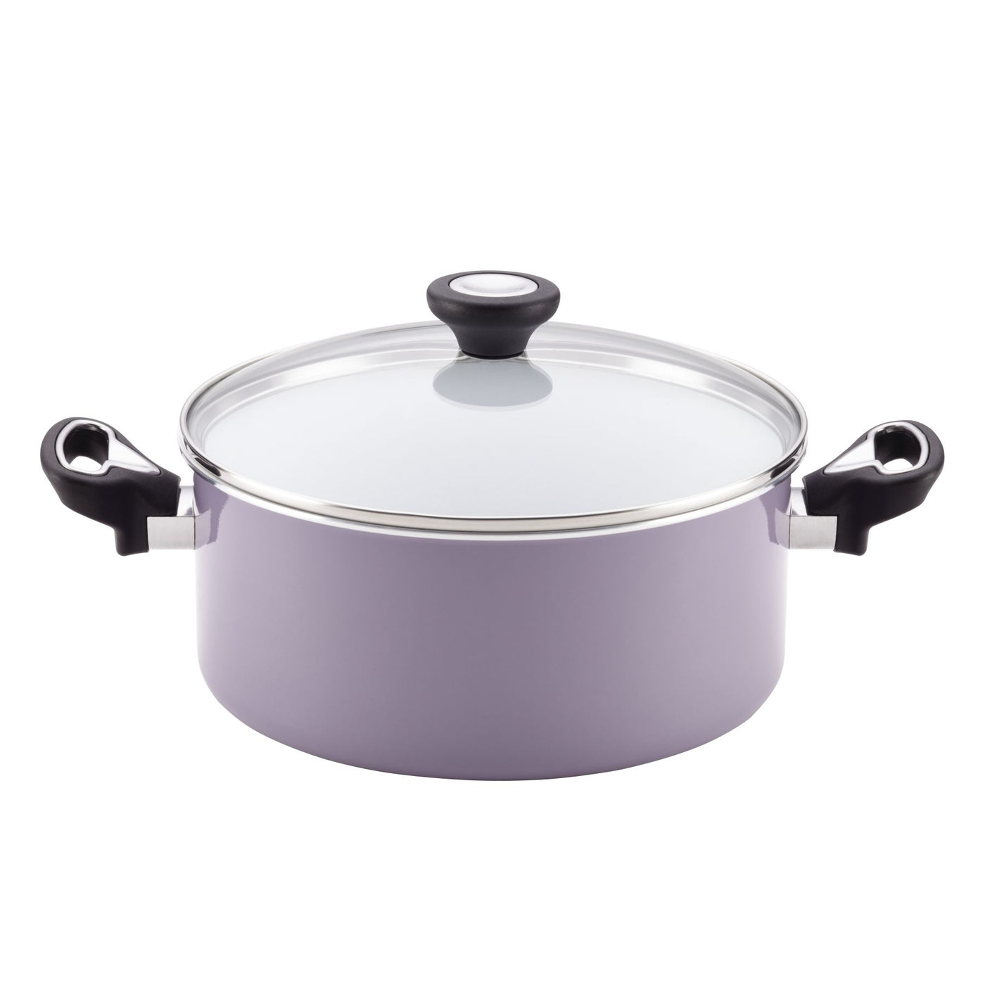 12-Piece Nonstick Cookware Set featuring a purple pot with a glass lid and black handles, displayed on a white background, illustrating durable cookware perfect for any kitchen.