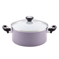 12-Piece Nonstick Cookware Set featuring a purple pot with a glass lid and black handles, displayed on a white background, illustrating durable cookware perfect for any kitchen.