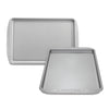 The Cookie Pan Set includes a heavy-duty rectangular and square silver baking sheet, featuring a high-performance nonstick surface for effortless cleanup, all set against a pristine white background.