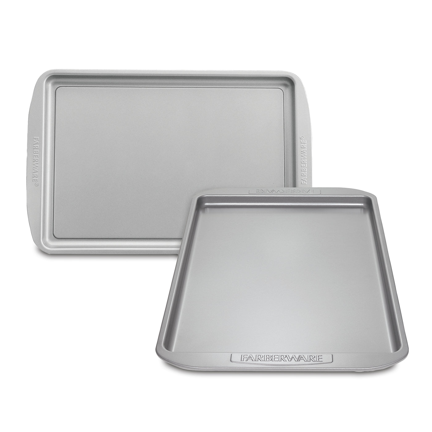 The Cookie Pan Set includes a heavy-duty rectangular and square silver baking sheet, featuring a high-performance nonstick surface for effortless cleanup, all set against a pristine white background.