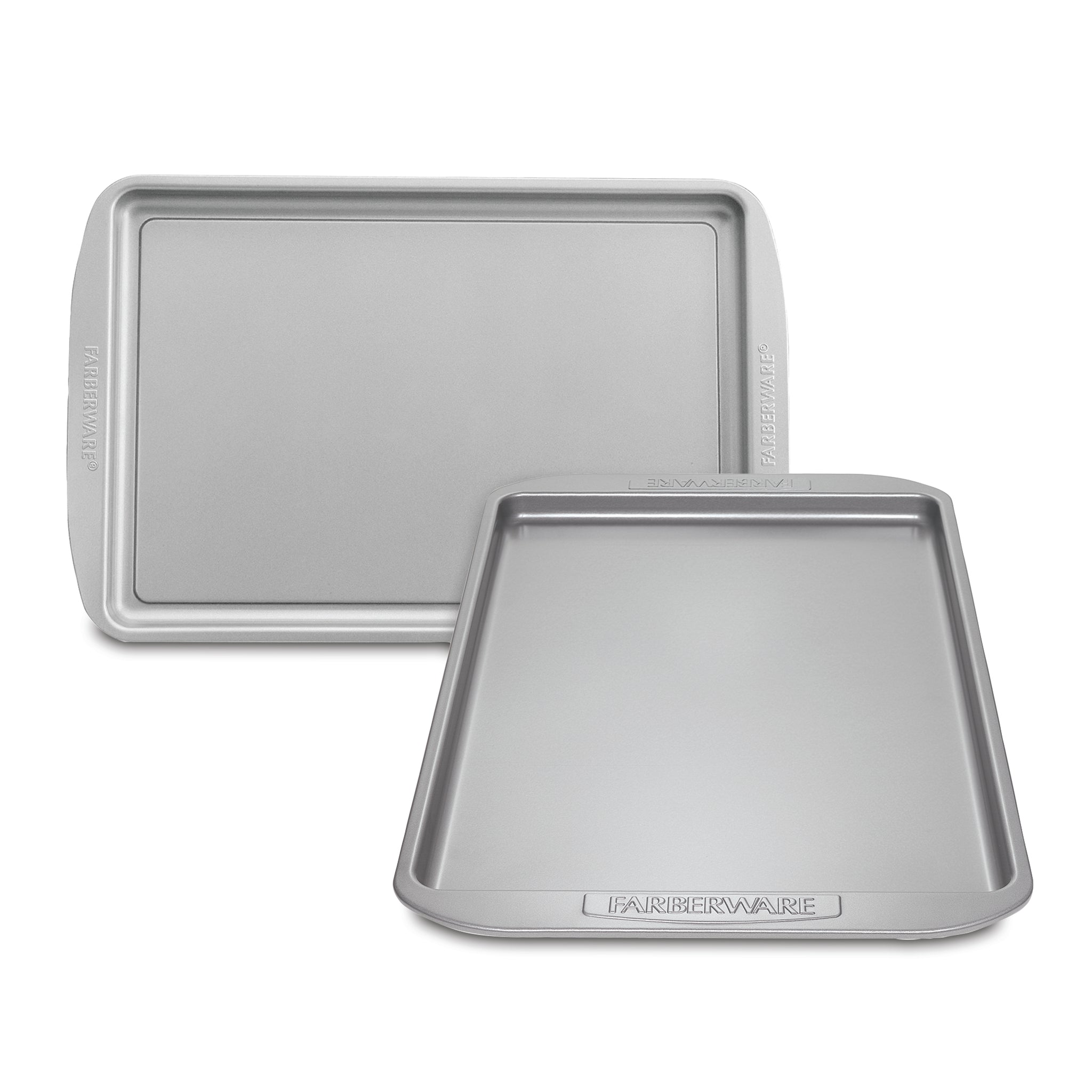 The Cookie Pan Set includes a heavy-duty rectangular and square silver baking sheet, featuring a high-performance nonstick surface for effortless cleanup, all set against a pristine white background.