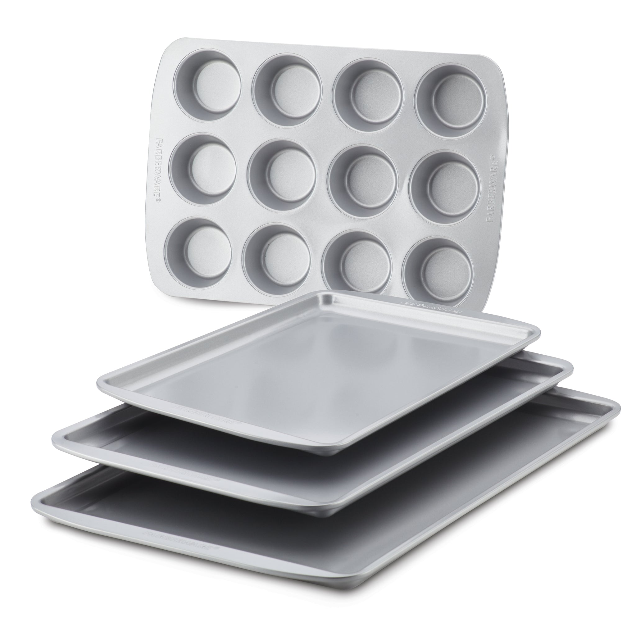 4-Piece Bakeware Set on a white background, crafted with heavy-duty construction for easy food release.