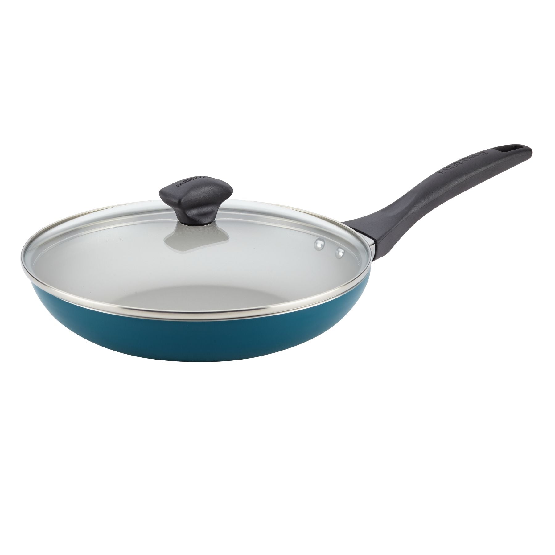 Teal frying pan from the 15-Piece Nonstick Cookware Set made from durable aluminum, featuring a glass lid and black handle for effortless cooking.
