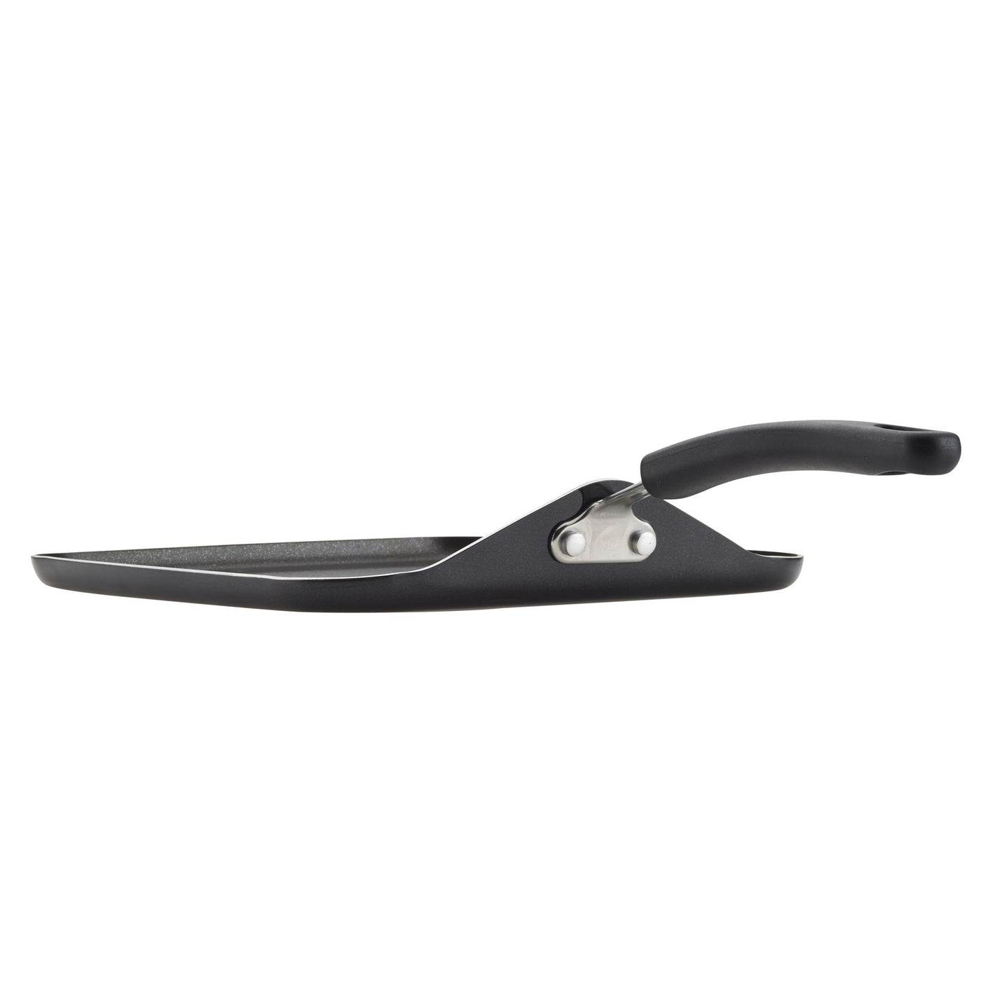 Side view of an 11-Inch Nonstick Square Griddle in black with a curved handle, ensuring easy food release every time.