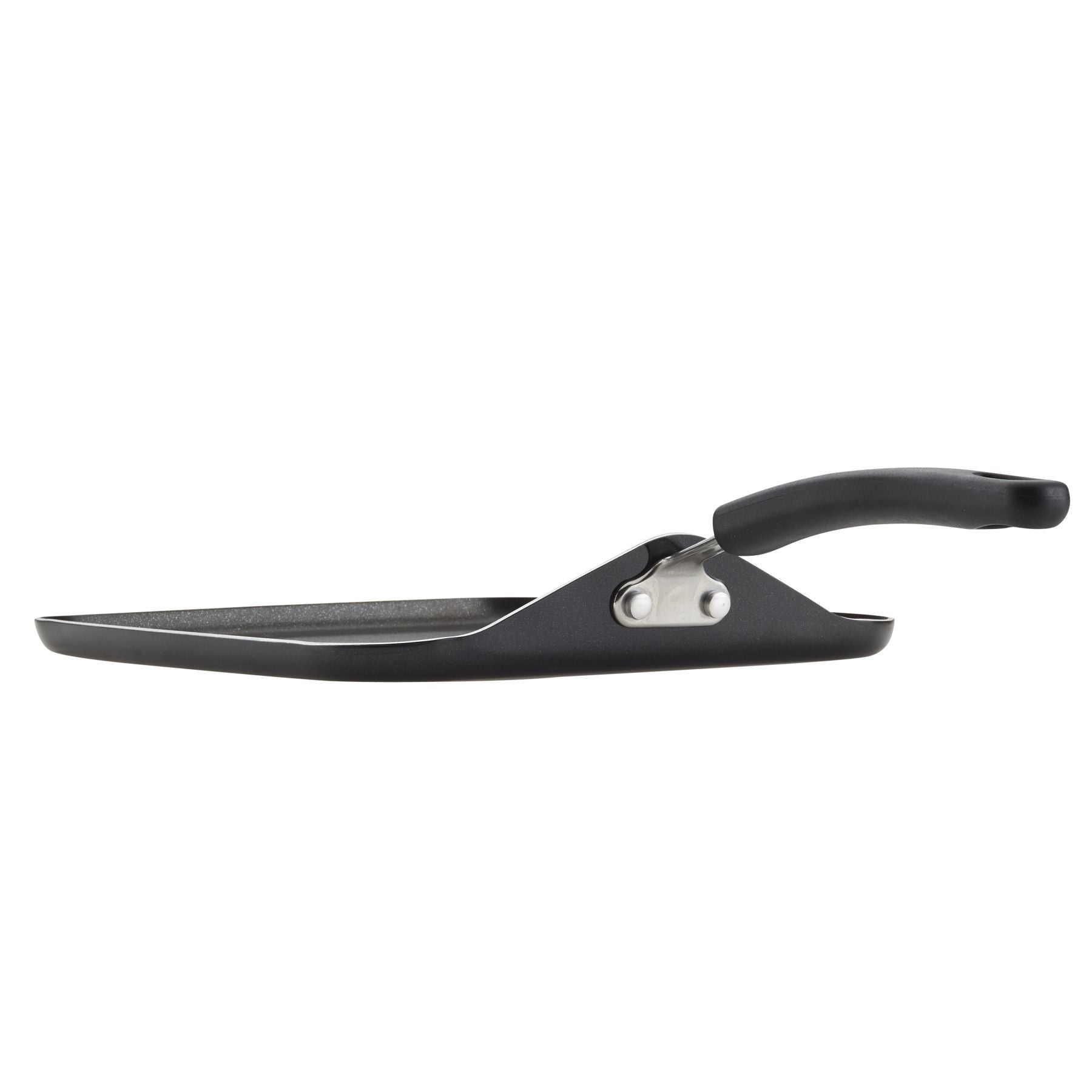 Side view of an 11-Inch Nonstick Square Griddle in black with a curved handle, ensuring easy food release every time.
