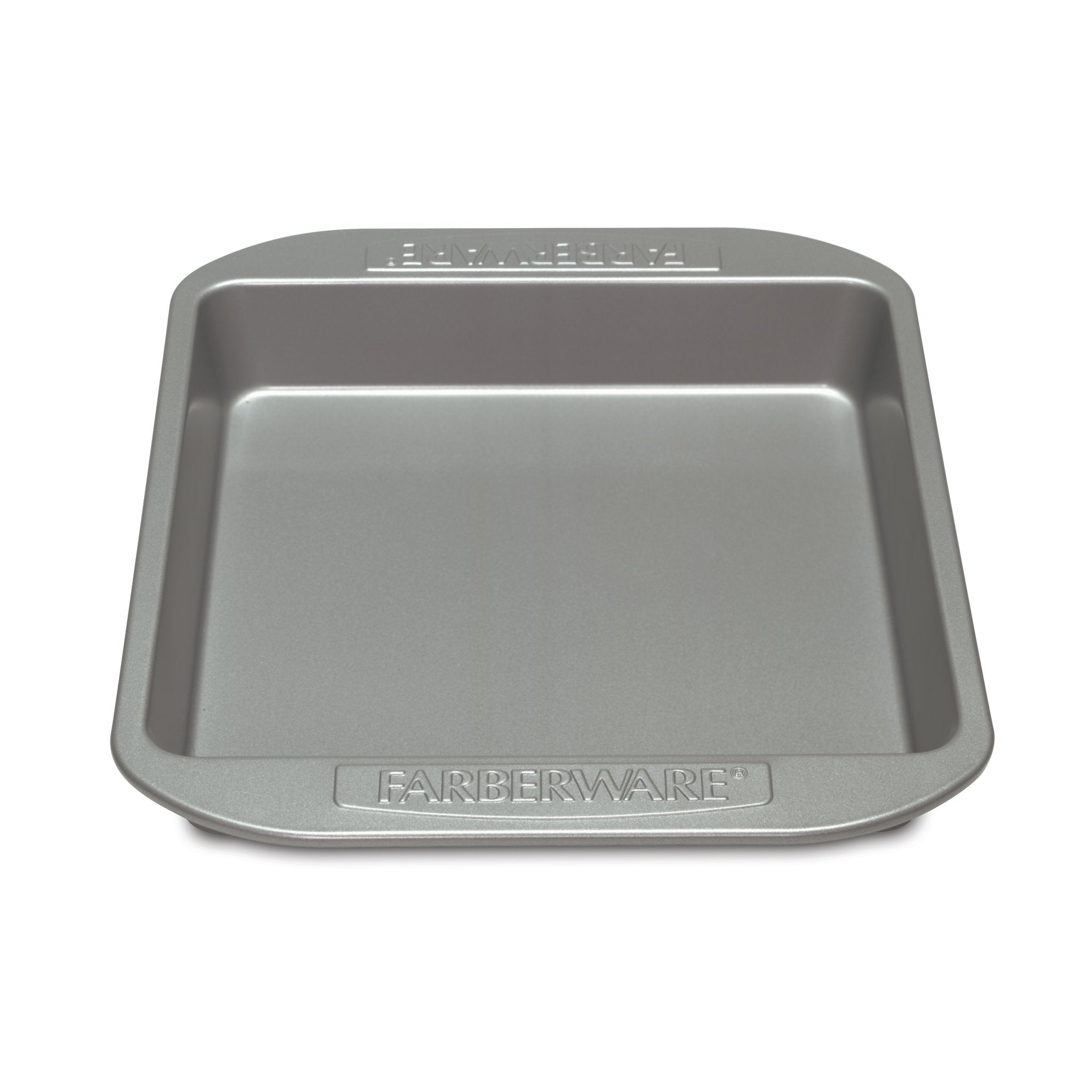 Square gray 9-inch Farberware cake pan with raised edges, designed for easy-cleaning convenience.