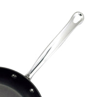 Close-up of the handle of a frying pan featuring a hanging hole, from the elegant Millennium Nonstick Stainless Steel 10-Piece Set.