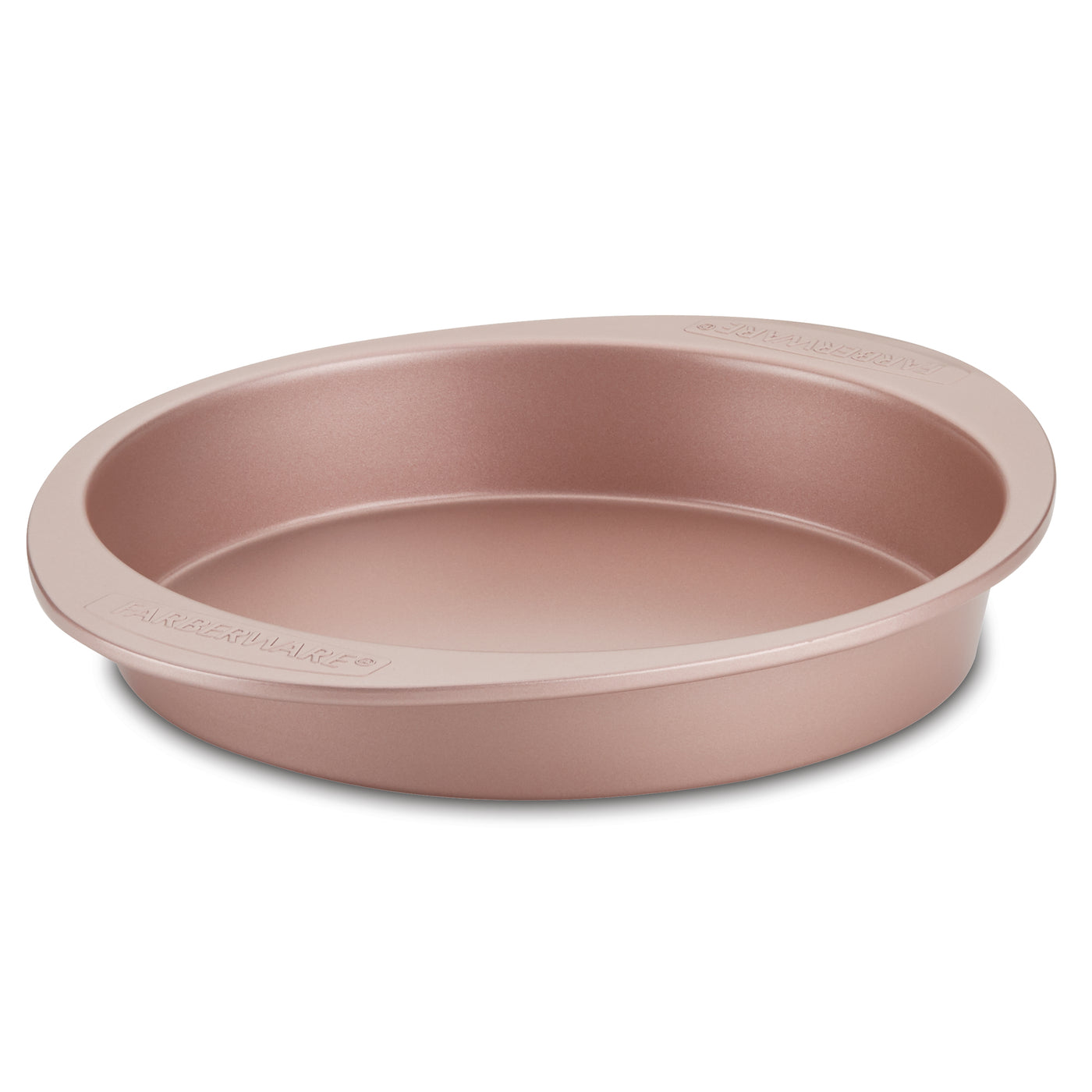The 9-Inch Round Cake Pan, designed with a durable, nonstick surface and a pinkish hue, guarantees easy cleanup after baking.