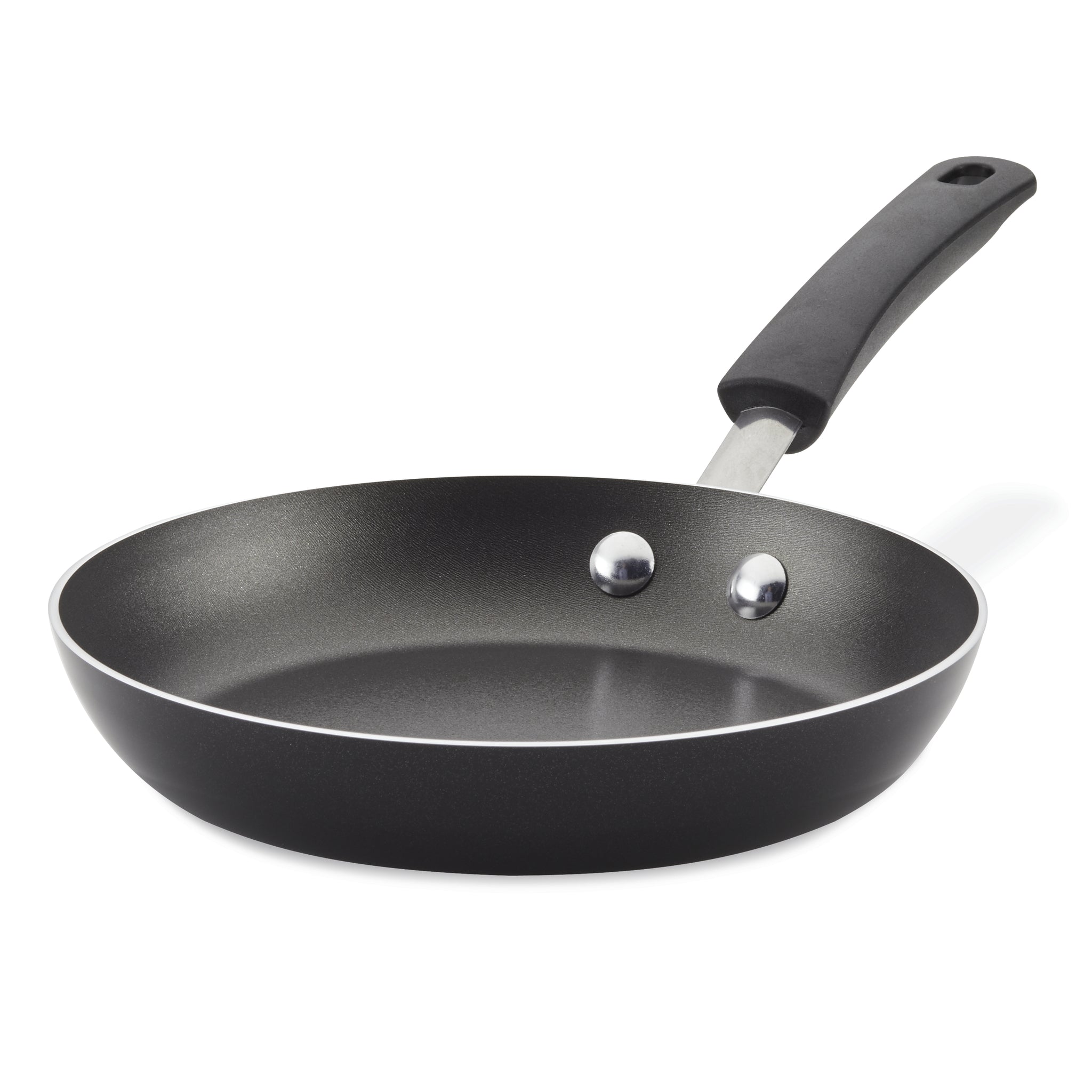 Nonstick Frying Pan made from durable aluminum, featuring a black handle with metallic rivets.