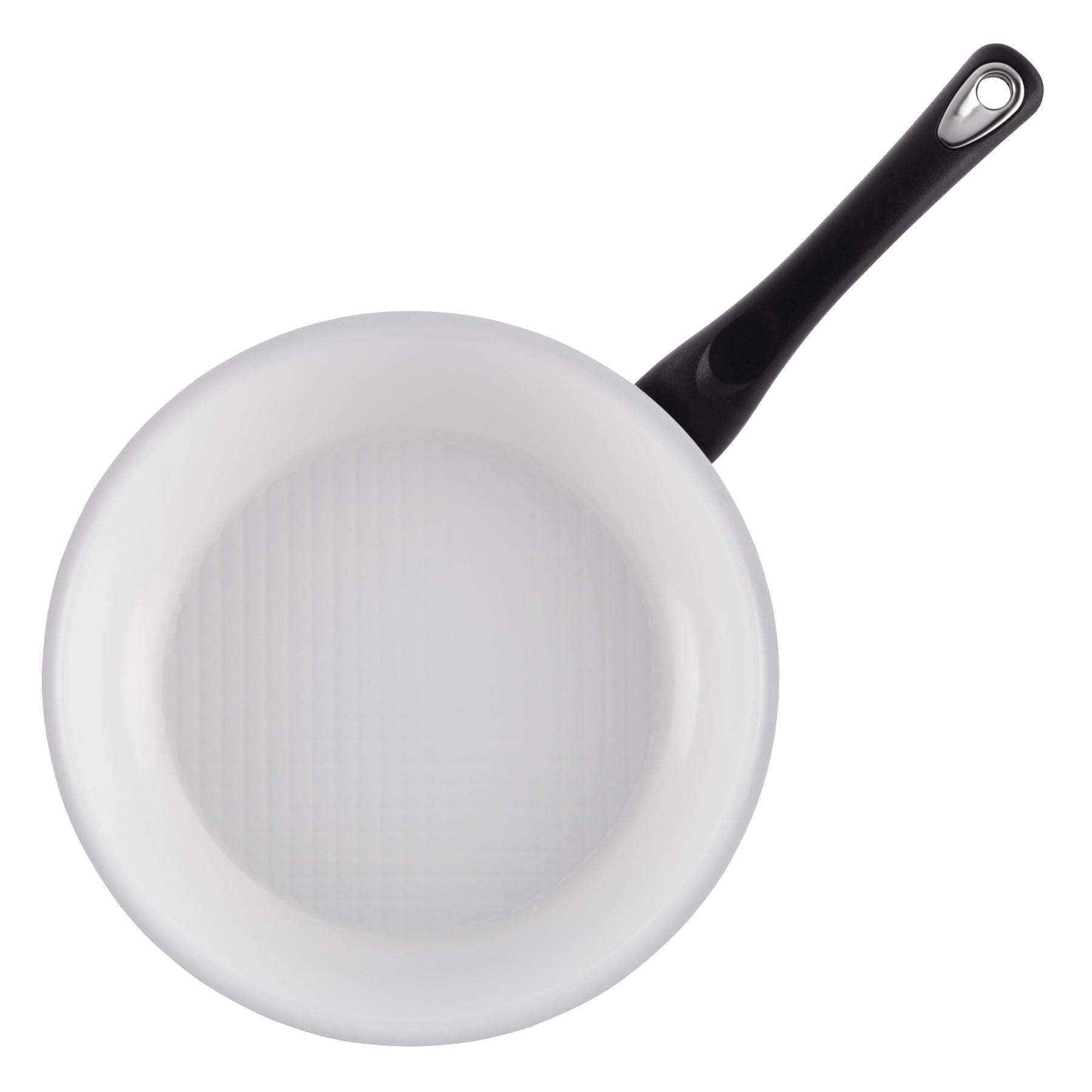 Top view of a frying pan from the high-performance, 12-Piece Nonstick Cookware Set featuring a sleek black handle.