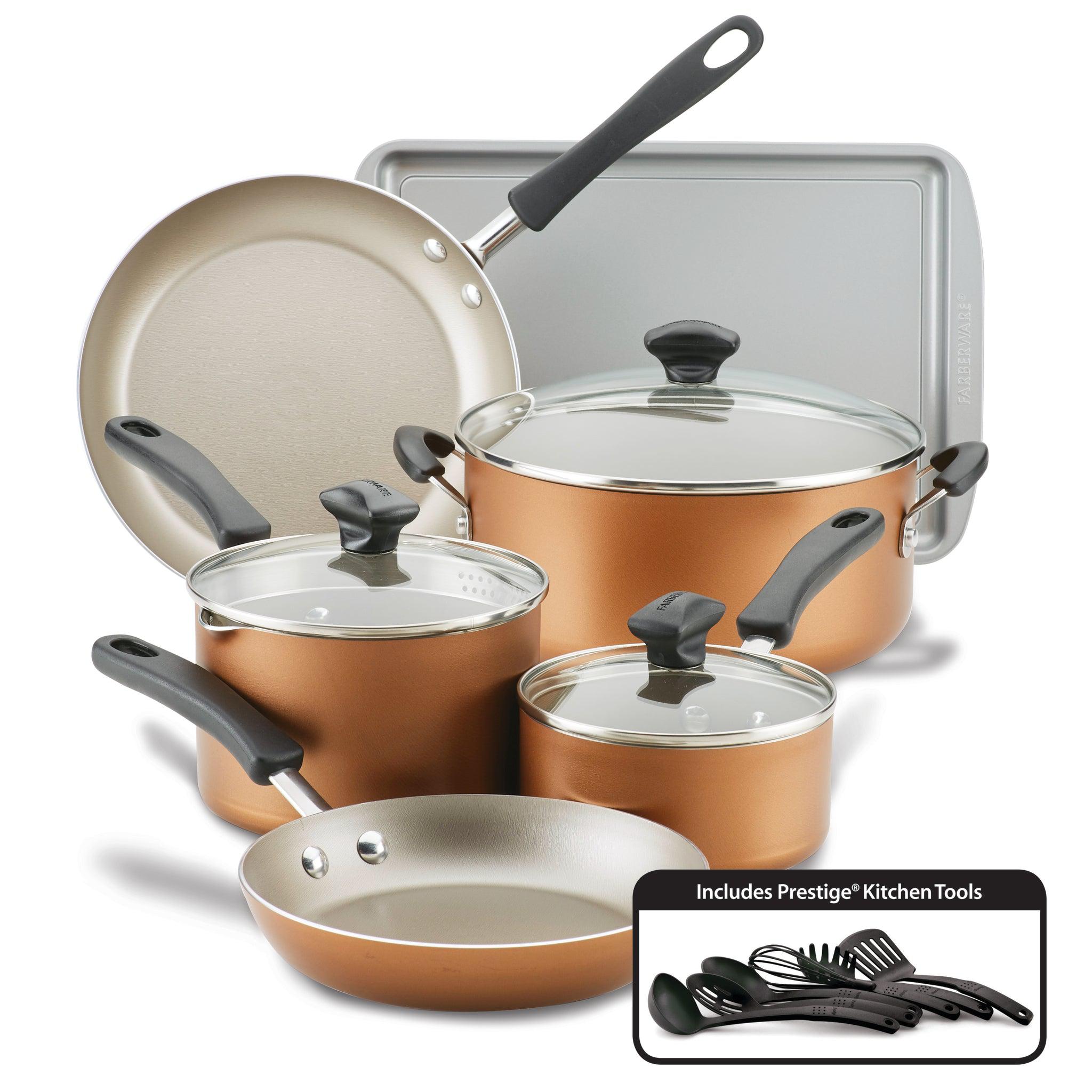 Explore the sophistication of the 15-Piece Nonstick Cookware Set, featuring a copper-toned finish and crafted with DiamondMax technology for excellent performance. This set includes lids, a pan, tray, and kitchen utensils, providing durability and convenience for all your cooking endeavors.