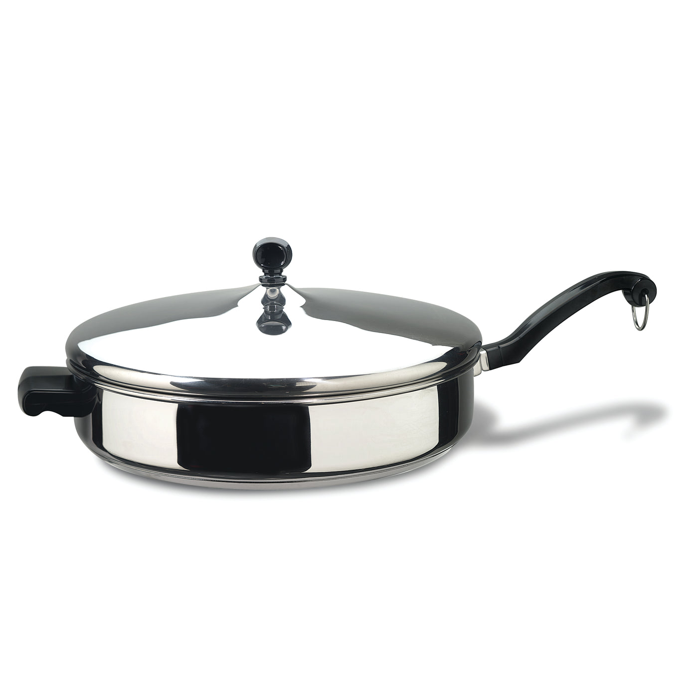 The 4.5-Quart Saute Pan is a versatile stainless steel frying pan that comes with a lid, a black handle, and a convenient helper handle, all designed to be dishwasher safe for easy cleaning.