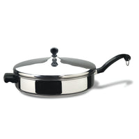 The 4.5-Quart Saute Pan is a versatile stainless steel frying pan that comes with a lid, a black handle, and a convenient helper handle, all designed to be dishwasher safe for easy cleaning.