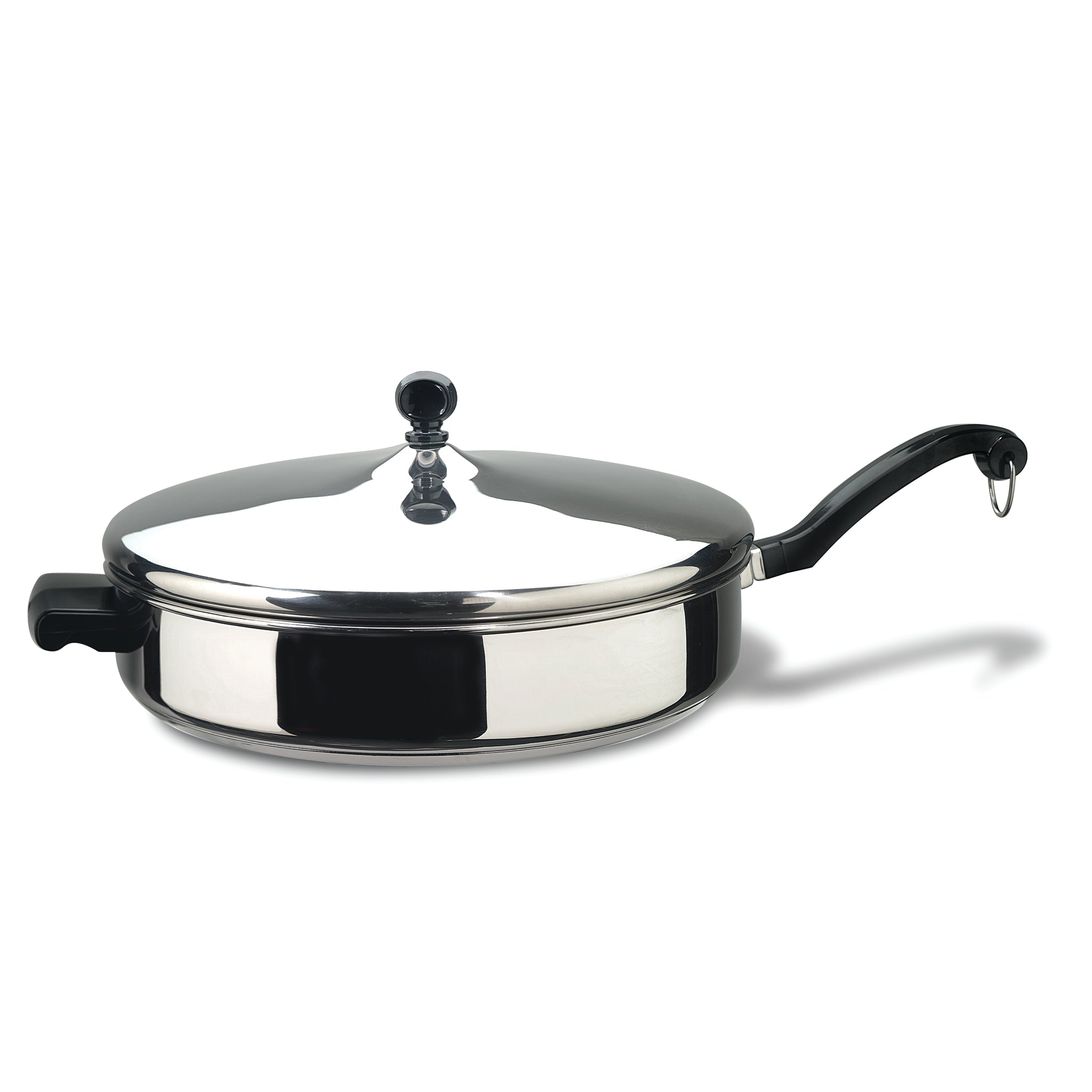 The 4.5-Quart Saute Pan is a versatile stainless steel frying pan that comes with a lid, a black handle, and a convenient helper handle, all designed to be dishwasher safe for easy cleaning.