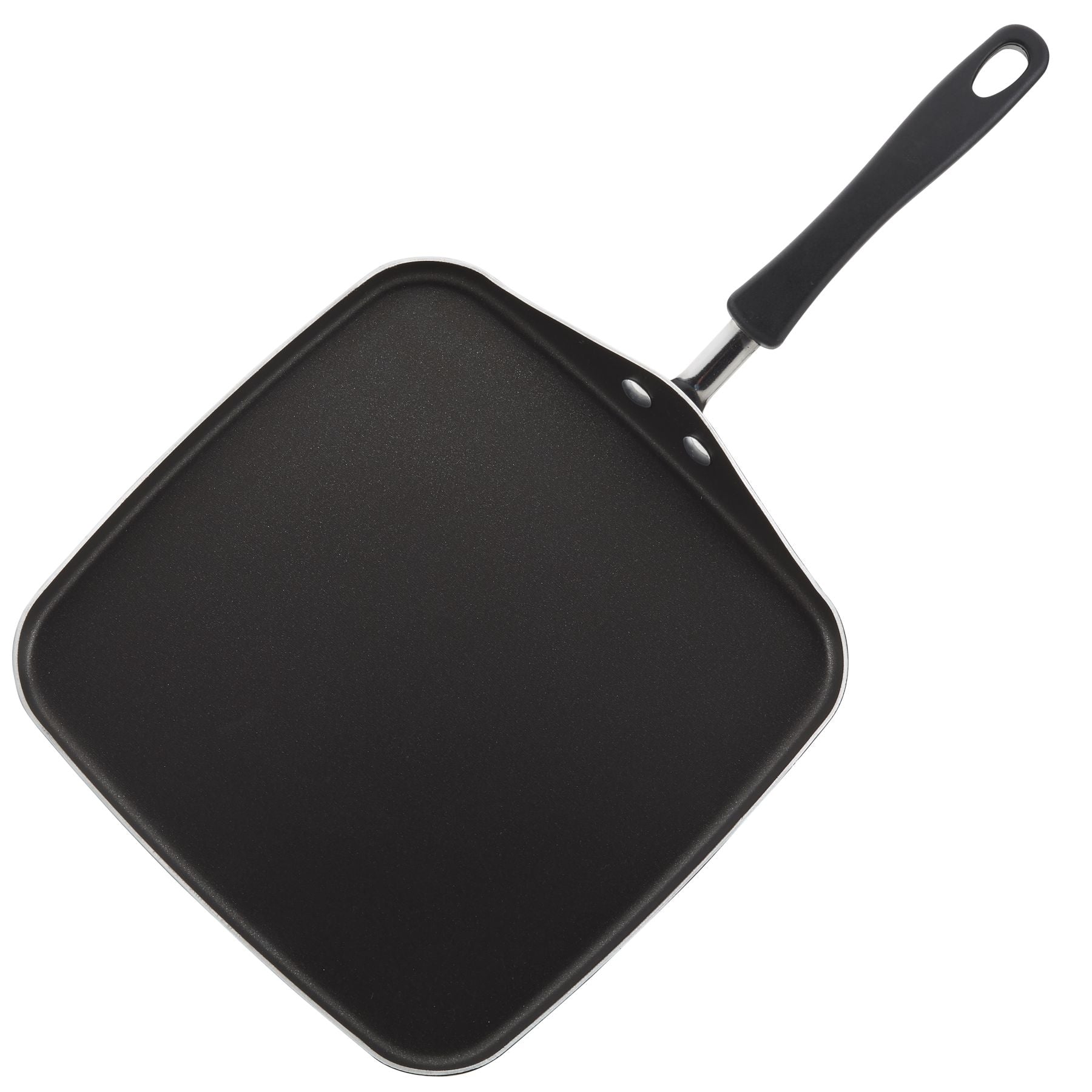 The 11-Inch Nonstick Square Griddle boasts a DiamondMax nonstick surface, a sleek black handle, and a convenient hanging hole, ensuring effortless food release every time.