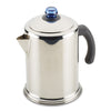The 12-Cup Coffee Percolator boasts a stylish stainless steel pot design, featuring a black handle and a blue knob on the lid, along with a handy permanent filter basket for effortless brewing.