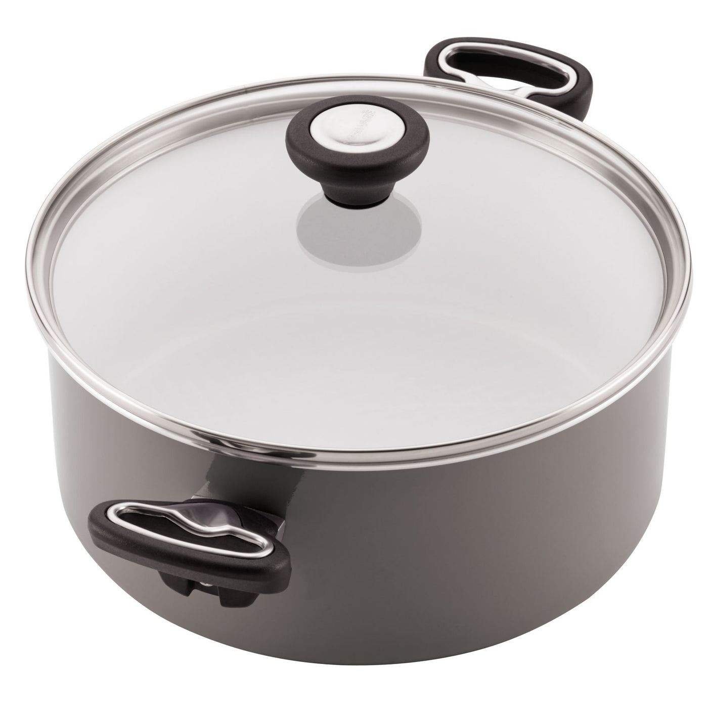 A durable, high-performance pot from the 12-Piece Nonstick Cookware Set, featuring a gray finish with a glass lid and black handles for your kitchen.
