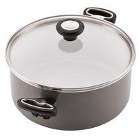 A durable, high-performance pot from the 12-Piece Nonstick Cookware Set, featuring a gray finish with a glass lid and black handles for your kitchen.