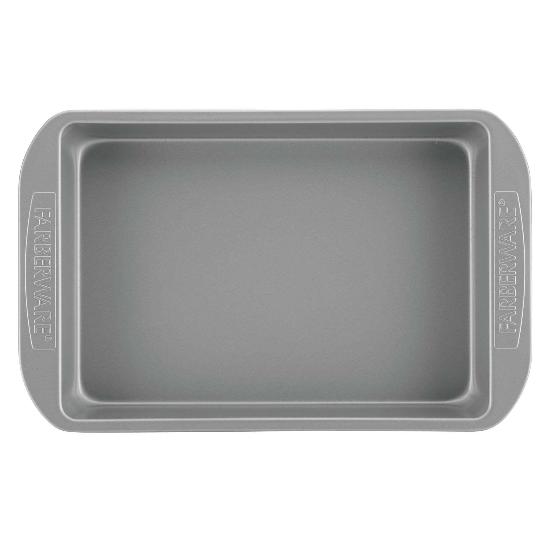 The 9" x 13" rectangular cake pan features "Farberware" embossed handles and is designed for even heating and easy cleaning.