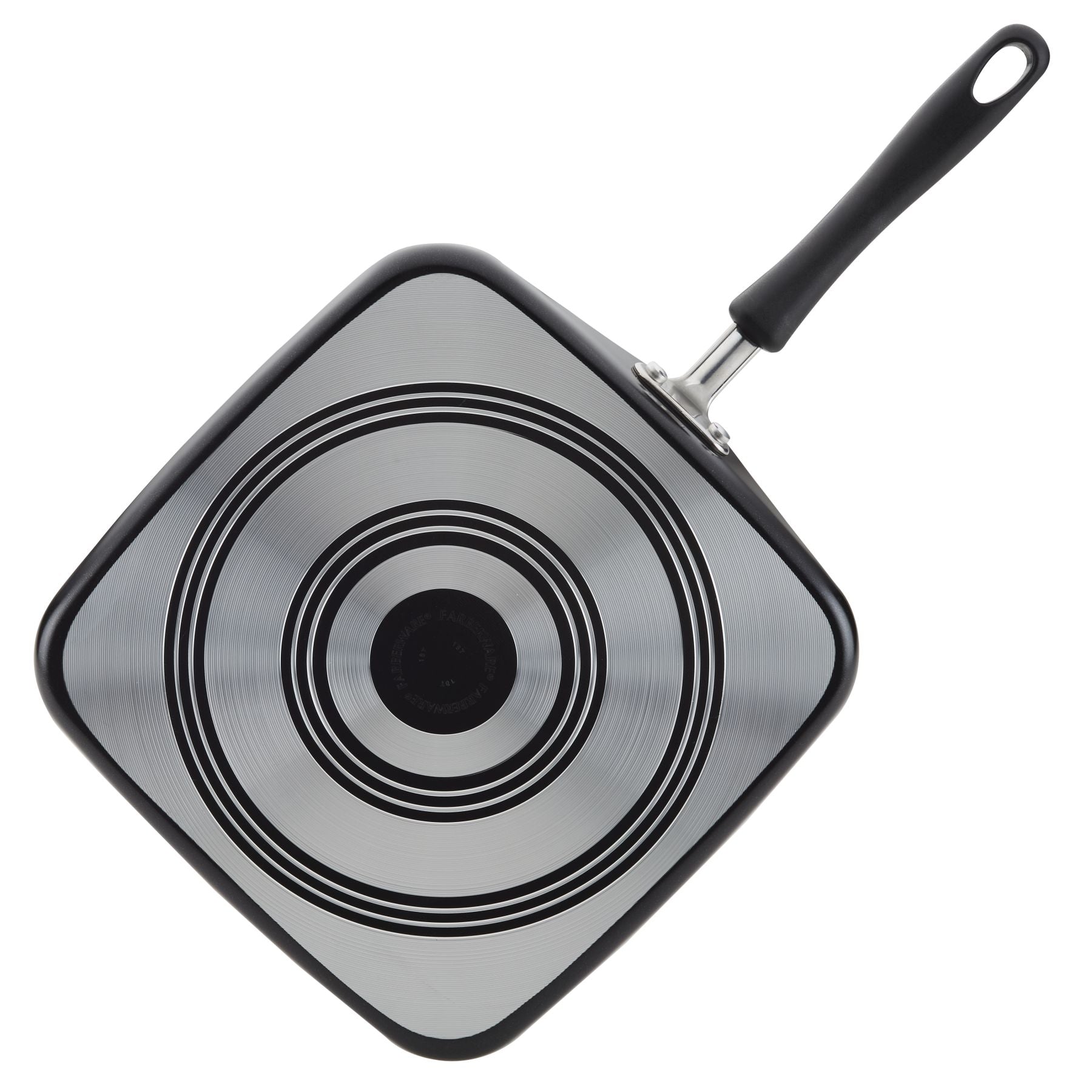11-Inch Nonstick Square Griddle with a black handle, featuring a round induction base and DiamondMax nonstick coating for easy food release.